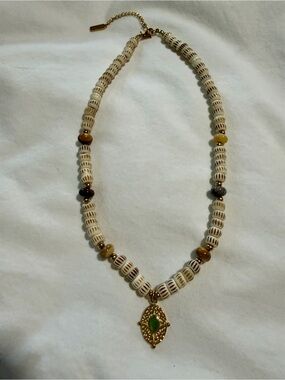 Gold-Accent Cream Beaded Necklace with Green Pendant